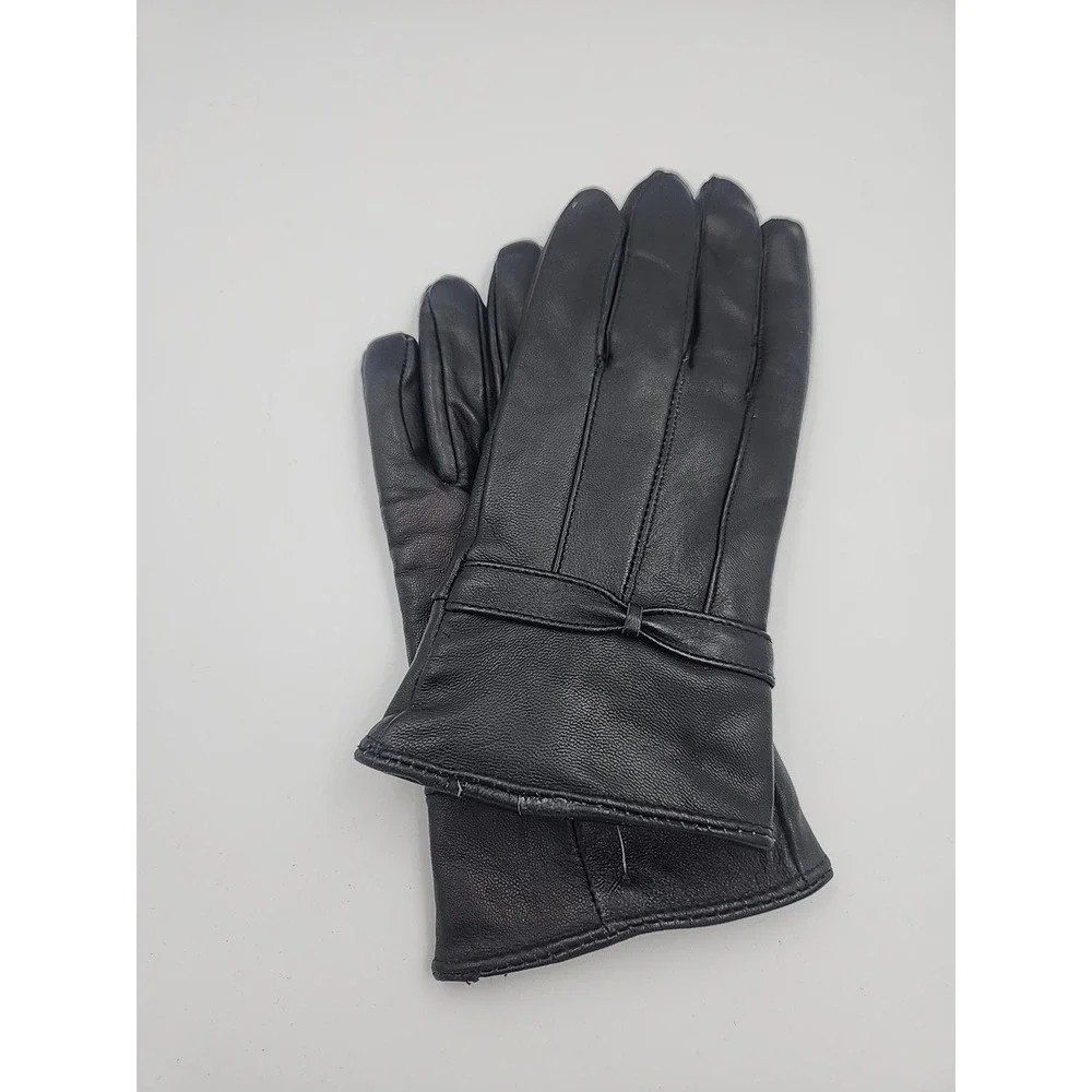 Women's High Quality Super Soft Real Black Leather Gloves W/‎ Bow Details S/M